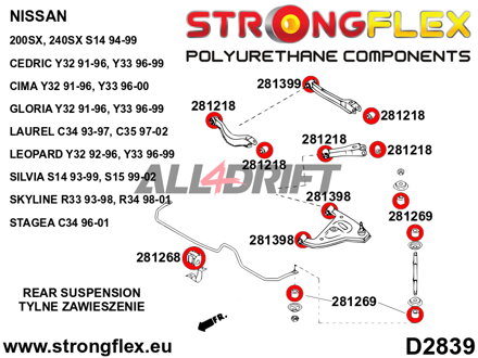 286204B Kompletní sada silentbloků náprav R33 R34 AWD - Nissan R33 (93-98) AWD
