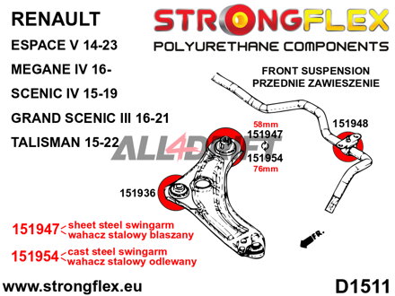 151947A Boccola posteriore del braccio inferiore anteriore 58mm SPORT - Renault IV (16-)